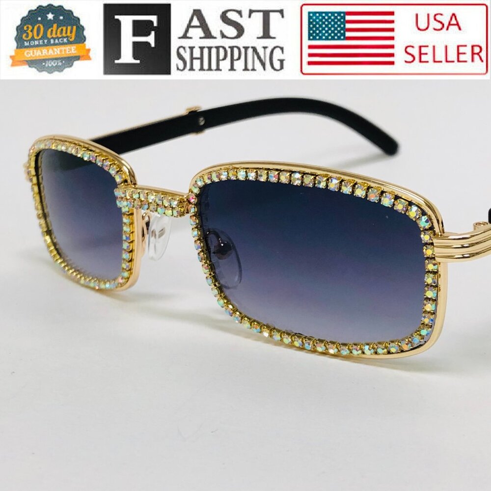 Men Sunglasses Black Lens Rectangular Diamond Gang Style Quevo Migos Model Lente